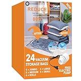 24 Pack Vacuum Storage Bags with Electric Pump, (5 Jumbo, 5 Large, 5 Medium, 5 Small, 4 Roll Up Bags) Space Saver Bag for Clothes, Mattress, Blanket, Duvets, Pillows, Comforters,Travel