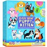 KRAFUN Easy Sewing Kit for Beginner Kids Arts & Crafts, 8 Easy DIY Projects of Stuffed Animal Dolls of Puppies & Kittens, Dogs and Cats, Instructions & Felt, Gift for Girls, Boys, Learn to Sew