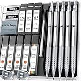 Four Candies Metal Mechanical Pencil Set, 3PCS Art Drafting Pencils 0.5, 0.7, 0.9MM & 2PCS 2MM Mechanical Drawing Pencils with 420PCS Leads (4B 2B HB 2H Color) for Writing Sketching Drawing (Silver)