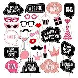 Birthday Photo Booth Props Kit - Happy Birthday Party Favors Supplies Bday Party Decoration Set with Real Glitter Cute Bday Designs for Women or Girls - Easy to Assemble 30 Pieces (Rose Gold)