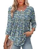 XIEERDUO Tops for Women 2025 Dressy Casual Crewneck Summer 3/4 Length Sleeve Pleated Plus Size Tops Floral Blouses Fall Fashion Clothing Beach Vacation Clothes F-Blue Floral XXL