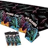 Owelleny Video Game Party Decorations Tablecloth, 3Pcs Disposable Game On Birthday Party Tablecover Supplies, Gamer Gaming Level Up Birthday Table Cloth Decorations, 55in x 86in