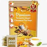 200 Bags Premium Turmeric Ginger Cinnamon Tea, Improve Digestion, Support Brain, Weight, Skin and Sleep, Eco-Conscious Tea Bags and Premium Natural Ingredients. Turmeric Ginger Herbal Tea. No Sugar, No Caffeine, No Gluten, Vegan.