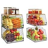 Jakyitvi 4 Pack Stackable Wire Baskets with Fixed Wooden Top, Vegetable Fruit Storage Bins for Onion Potato Snack, Pantry Baskets for Kitchen Cabinet Countertop, Pantry Organizers and Storage Rack
