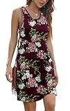 YUNDAI Summer Dresses for Ladies Beach Floral Mini Sundress Sleeveless Pockets Casual Loose Tank Dress L Flower Wine Red