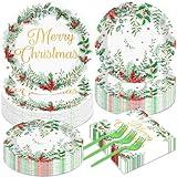 QOUBAI 200Pcs Christmas Holly Paper Plates Napkins Merry Christmas Party Supplies Seasonal Cake Tableware Dinnerware Set Xmas Holiday Dessert Dinner Dish for Winter New Year Party Decoration Serve 50