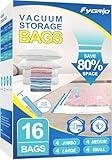 Fygrip 16 Pack Vacuum Storage Bags with Hand Pump, 4 Jumbo + 4 Large + 4 Medium + 4 Small Plastic Packaging Bags, 80% Space Saver Vacuum Seal Bags for Clothing, Travel Lugggage, Blankets, Comforters