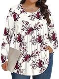 Plus Size Tops for Women Winter Long Sleeve Shirts Crew Neck Casual Loose Tunic Blouse White Red Flower 4X