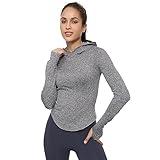 Womens Hooded Athletic Long Sleeve Running Shirts Workout Yoga Tops with Thumb Holes Slim Fit Gray M