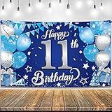 KatchOn, Blue and Silver Happy 11th Birthday Banner - Large, 72x44 Inch | 11th Birthday Decorations for Boys | 11th Happy Birthday Backdrop, 11 Year Old Birthday Decorations | 11 Birthday Decorations