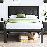 Feonase Twin Size Metal Bed Frame with Fabric Button Tufted Headboard, Platform Bed Frame with Heavy Duty Metal Slats, 12" Storage Space, Noise Free, No Box Spring Needed, Dark Grey