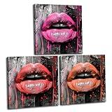 ZHOUWALLPIC Abstract Lips Canvas Wall Art 3 Pics Pink Red Orange Lips Picture Prints Sexy Woman Lips Paintings Girls Room Home Living Room(Lips-2,20x20inchx3 Pieces (50x50cmx3 Pieces))