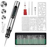 HOTROSE Electric Engraving Pen with 37 Bits, USB Rechargeable Cordless Engraving Machine, Portable DIY Rotary Engraver for Jewelry Wood Glass Stone Carving (Silver)