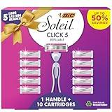 BIC Soleil Click 5 Women's Refillable 5 Blade Razors, Moisture Strip For Enhanced Glide, 1 Handle and 10 Cartridges, 11-Piece Razor Gift Set, Great Gift Idea