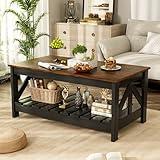 JUMMICO 39” Farmhouse Coffee Table for Living Room, 2-Tier Modern Living Room Table with Storage Shelf, Rustic Rectangular Center Table Space Saving Home Furniture (Rustic Brown & Black)