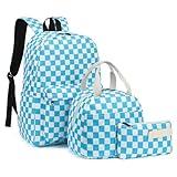 Dezcrab Kids Backpack for Girls, Teens School Bags Bookbags Set with Lunch Bag Pencil Case (Checkered Blue)
