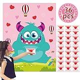 Valentine Day Games for Kids Pin The Heart on The Monster Valentine Games with 36 PCS Heart Stickers Valentines Day Party Games Classroom School Activities Family Kids Valentines Party Supplies