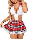 Avidlove Cosplay Lingerie for Women Sexy School Girl Outfit Role Playing Lingeri Set with Tie Top and Mini Skirt(White,M)