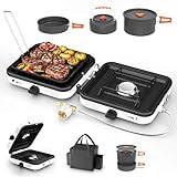 Portable 2 Burner Camping Stove Set with Cookware, 20,000 BTU/h, Outdoor Cooking Kit Includes Outdoor Folding Gas Stove, Frying Pan, Griddle, Kettle, Pot, and Carry Bag, For Propane & Butane