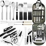 Portable 27 Piece Camping Cookware Kit - Stainless Steel Grilling Utensils for Travel, Picnics, RVs, BBQs, Parties and More