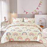 Btargot Lightweight Soft 3 Piece Rainbow Comforter Set with 2 Pillow Covers, Cartoon Love Hearts Flowers and Grass Bedding Set for Girls Boys Kids, Queen Multi-Color