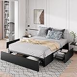 Allewie Full Size Platform Bed Frame with 3 Storage Drawers, Faux Leather Upholstered, Wooden Slats Support, No Box Spring Needed, Easy Assembly, Black
