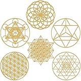 Taiyin 6 Pcs 12 Inch Sacred Geometry Wood Wall Art Set Zen Metatron Cube Home Decor Sri Yantra Merkaba Torus Flower of Life Hanging Sculpture Wooden Crystal Grid Pagan 7 Chakra Wall Decor (Golden)