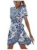 WDIRARA Women's Summer Casual Boho Floral Print Short Sleeve Wrap V Neck Ruffle Hem A Line Dress Blue and White S