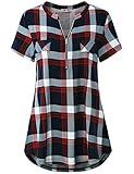 Work Blouses for Women Fashion 2025- Womens Tops and Shirts Business Casual Summer Dressy V Neck Tunics to Wear with Leggings Short Sleeve Plaid Printed T-Shirt Career Clothes Red XL