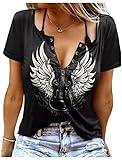 Smooth As Tennessee Whiskey Sweet As Strawberry Wine Shirt Womens Sexy V-Neck T Shirts Country Music Short Sleeve Tees(Guitar/Black,XXL)