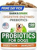 BARK&SPARK Dog Probiotics for Digestive Health w/Enzymes - Diarrhea Gas Treatment Upset Stomach Relief - Allergy & Itchy Skin - Pet Probiotics for Dogs - Digestion Supplement Treat (120Ct Chicken)