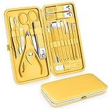 Teamkio 18pcs Manicure Set Pedicure Nail Clippers Set Travel Hygiene Kit Stainless Steel Professional Cutter Care Set Scissor Tweezers Knife Ear Pick Tools Grooming Kits with Leather Case(Yellow)