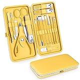 Teamkio 18pcs Manicure Set Pedicure Nail Clippers Set Travel Hygiene Kit Stainless Steel Professional Cutter Care Set Scissor Tweezers Knife Ear Pick Tools Grooming Kits with Leather Case(Yellow）