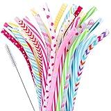 JANYUN 30 Pieces Reusable Plastic Straws BPA-Free 9" Colorful Printing Hard Platic Stripe Drinking Straw for Mason Jar Tumbler Family or Party Use Cleaning Brush Included(Random Pattern) (Bent)
