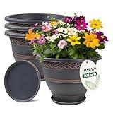 Usocik 10 Inch 4 Pack Plant Pots, Plastic Flower Pot for Indoor & Outdoor with Drainage Holes & Saucer, Plaid Pattern Planters Garden Pots for Herbs