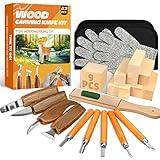 Wood Carving Kit, 23pcs Wood Carving Tool with 4PCS Wood Carving Knives & 5PCS Detail Knives 9 Basswood Blocks & Gloves & Roll Bag & Strop Block & Polishing Compound Whittling Kit Hobbies for Adults