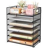 Subekyu 6 Tier Paper File Tray Organizer for Desk, Black Mesh Desk Letter Paper File Folder Accessories Sorter Organizer with Handle, Stackable Slid Tray for Office, Home or School Supplies Storage