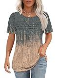 Womens Tops Dressy Casual Tie Dye Shirt Short Sleeve Blouses Beach Vacation Clothes Summer Plus Size Tshirts for Curvy Women Grey Coral 2XL