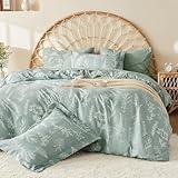 MUXHOMO Duvet Cover Queen Size, Reversible Floral Green Duvet Cover Set with Zipper Closure, 3 Pieces Botanical Patterns Soft Microfiber Bedding Set with 4 Ties (90"x90", 2 Pillow Cases)