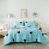 Caressma Love Pattern Girls Comforter Set Full Size, Sky Blue Cute Love Heart Print Comforter Bedding Set for All Seasons, Geometric Soft Microfiber 3 Pieces Comforter Set with Pillowcases