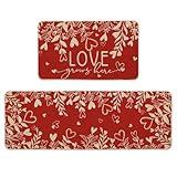 Artoid Mode Love Leaves Heart Valentine's Day Kitchen Mats Set of 2, Home Decor Low-Profile Kitchen Rugs for Floor - 17x29 and 17x47 Inch