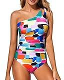 Holipick One Shoulder One Piece Swimsuit for Women Tummy Control Bathing Suits Modest Full Coverage Keyhole Swimwear Color Block