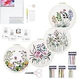 Enkor 4 Sets Embroidery Kit for Beginners Adults-Cross Stitch Kits for Beginner Easy to Learn Stitches from Instruction Video Needlepoint Kits Floral Stamped Embroidery Pattern-Flowers F4