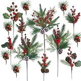 BXHYOLY 15 Pcs Christmas Tree Floral Picks 9 Styles Red Berry Picks Stems Assorted Artificial Pinecones Holly Leaves Pine Branch for Christmas Decor Floral Arrangement Wreath