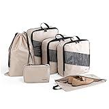 MSBAG Compression Packing Cubes for Travel 6 Sets, Luggage Space Saving Travel Essentials, Travel Accessories for Suitcase Organizer Bags Set, Durable Organizer Travel Bags (cream)