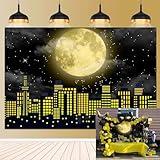 Super City Superhero Backdrop for Photography 7x5FT Yellow Full Moon Skyline Cityscape Theme Photo Background Baby Shower Boys Birthday Party Cake Table Decoration Banner Props (84x60 inch)