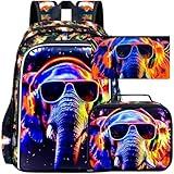 HPJGD 3PCS Boys Elephant Bookbag, Water Resistant Kids Backpack with Lunch Box, 17" School Bag Set for Teenagers Middle Elementary - Sunglasses Elephant