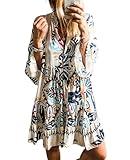SELINK Womens Long Sleeve Dresses Casual V Neck Tribal Print Button Flowy Boho Mini Beach Dress Beige-XL