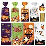 50 Pack Halloween Treat Bags - Plastic Halloween Goodie Bags, Happy Halloween Candy Bag, Trick or Treat Snack Gift Cellophane Bags with Twist Ties for Kids Halloween Party Birthday Supplies Favors