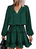 Dokotoo Womens Spring Dresses Ladies Cute Casual Spring Sexy Deep V Neck Ruffle Chiffon Boho Lantern Long Sleeve Elegant Empire Waist Flowy Mini Short Skirt Dresses for Women Party 2024 Green Large